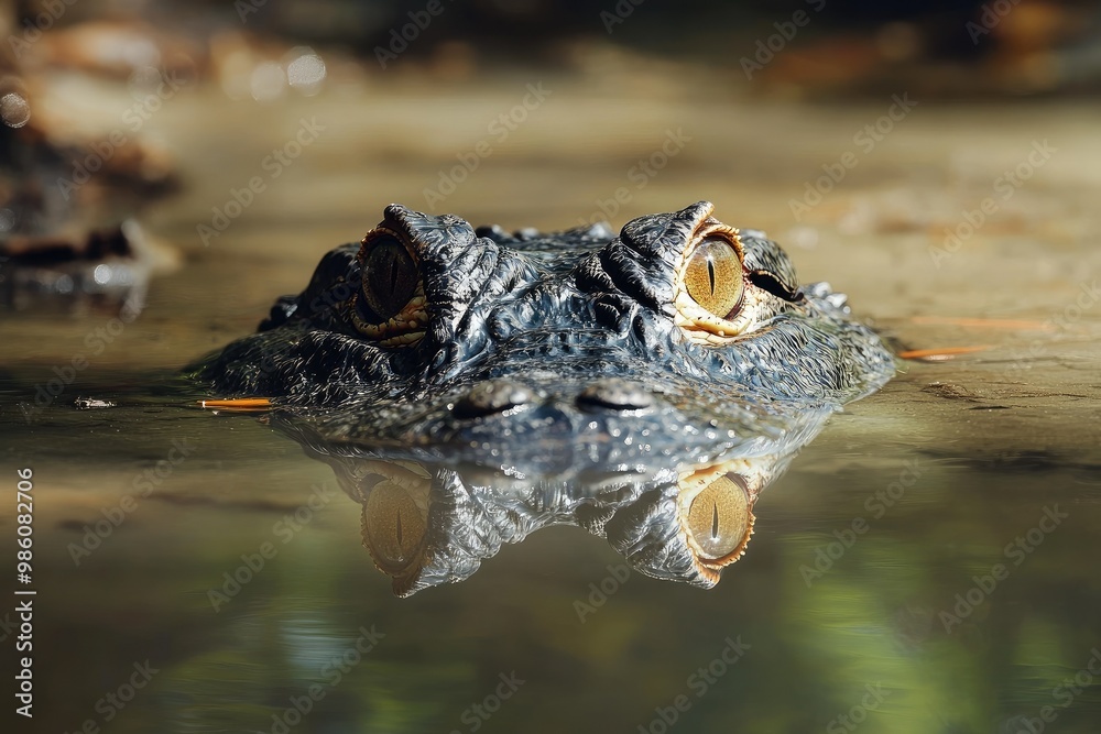 Obraz premium A close-up view of a crocodile emerging from the water, showcasing its stunning eyes and reflections in the serene surroundings.