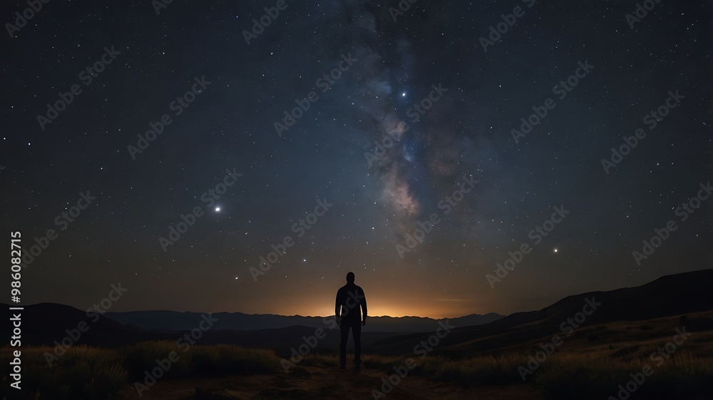 Fototapeta premium A starry night sky with a silhouette of a person gazin
