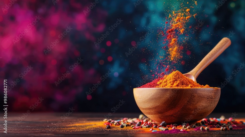 Vibrant spices in a wooden bowl with colorful powder against a dark background. Vibrant spices in a wooden bowl with colorful powder against a dark background.