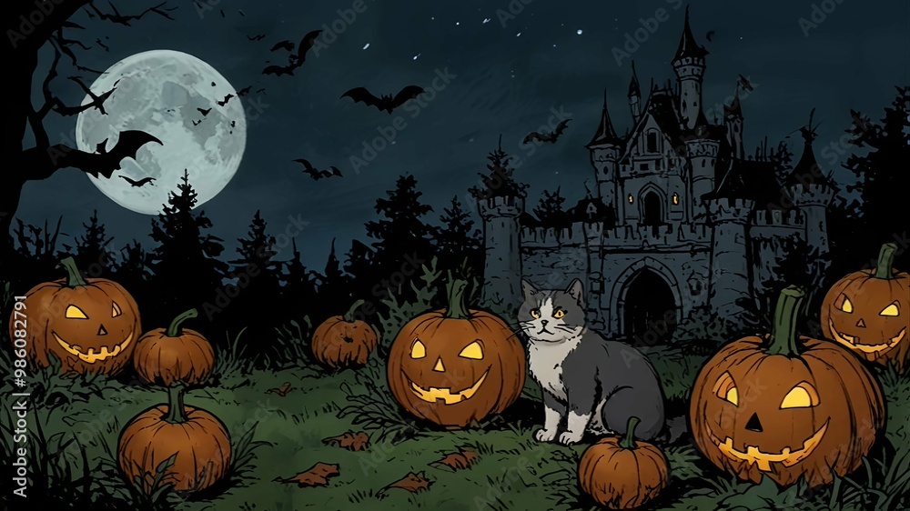 Fototapeta premium halloween backgrounds night with bright moon haunted house/castle with pumpkins and dark silhouettes ,bats and cats 