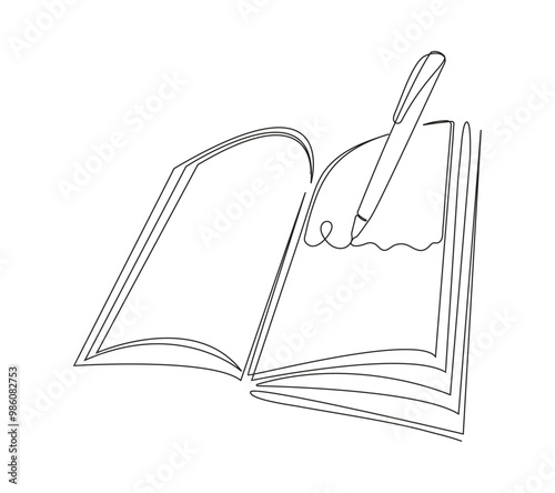 continuous line art drawing of a book, symbolizing online learning, e-library, and distance education. This minimalist illustration conveys the concept