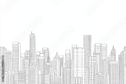 A minimalist black and white illustration of a modern city skyline with various skyscrapers and architectural designs.