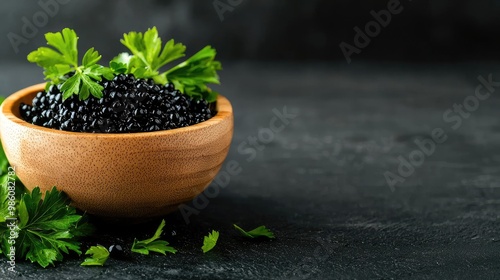 Bowl of black caviar with fresh parsley on dark stone background. photo