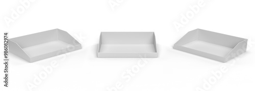 Empty product display tray. Supermarket promotional display rack. Counter top display. PDQ display box with three different view. 3D Rendered.