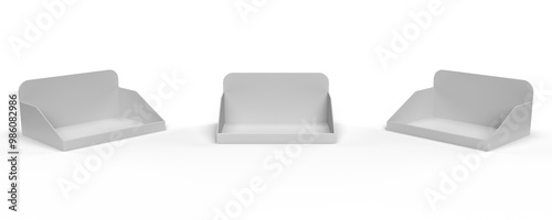 Empty product display tray. Supermarket promotional display rack. Counter top display. PDQ display box with three different view. 3D Rendered.