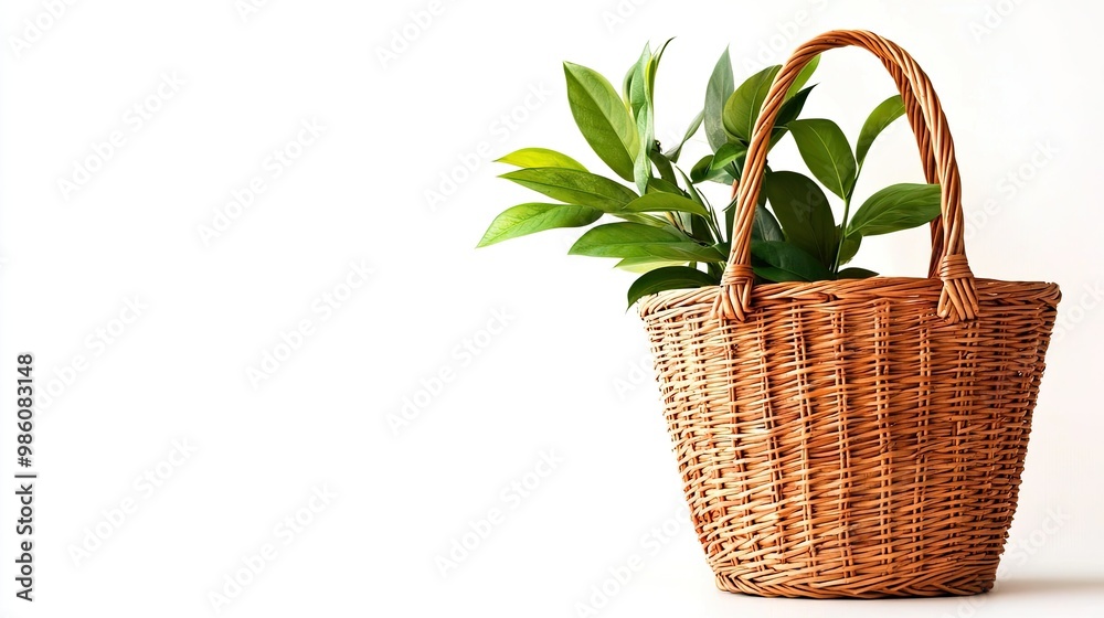 Wicker basket with green leaves, white isolate background. Wicker basket with green leaves, white isolate background.