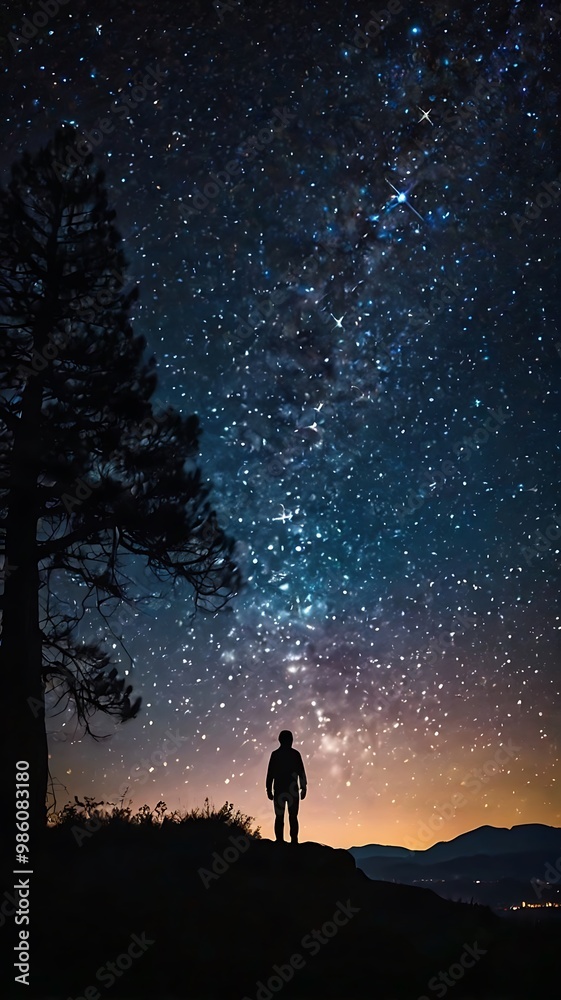 Fototapeta premium A starry night sky with a silhouette of a person gazin