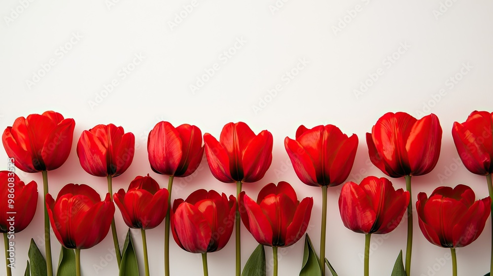 Fototapeta premium Row of vibrant red tulips against a white background.