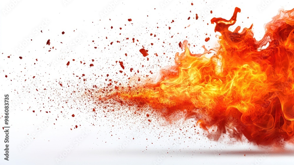 Dynamic flame explosion on white isolate background.