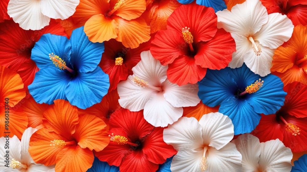 Colorful hibiscus flowers in shades of blue, red, and white on a vibrant background. Colorful hibiscus flowers in shades of blue, red, and white on a vibrant background.