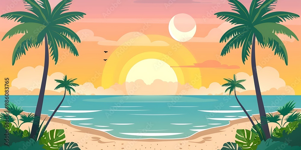 Tropical Beach Sunset Landscape Illustration
