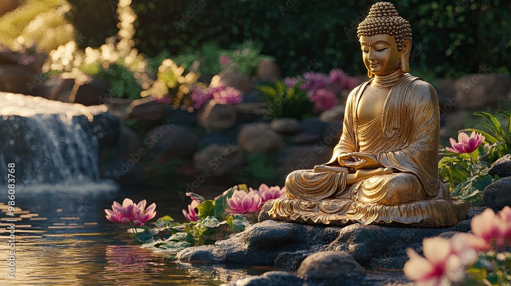 A golden Buddha statue with elaborate detailing, set in a lush garden with a backdrop of flowering plants and gently flowing water. The statue’s reflective surface catches the sunlight, creating a A golden Buddha statue with elaborate detailing, set in a lush garden with a backdrop of flowering plants and gently flowing water. The statue’s reflective surface catches the sunlight, creating a