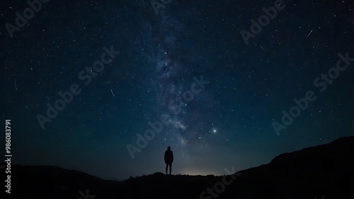 A starry night sky with a silhouette of a person gazin