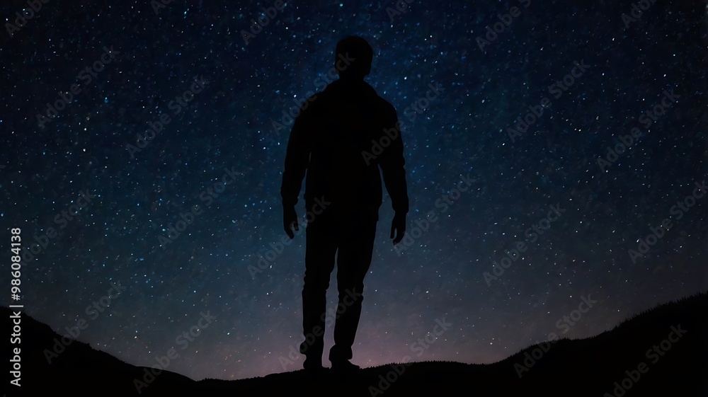 A starry night sky with a silhouette of a person gazin A starry night sky with a silhouette of a person gazin