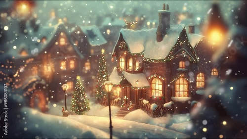 Snow-covered village street with decorated houses and Christmas tree at night. 4K background material for loop playback, For lo-fi music and video