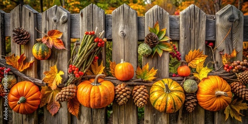 Autumn's harvest decorates a weathered wooden fence, where rustling leaves and pumpkins mingle with pine cones and gourds, creating a cozy atmosphere. photo