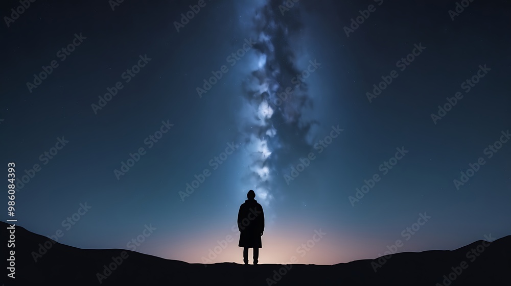 Fototapeta premium A starry night sky with a silhouette of a person gazin