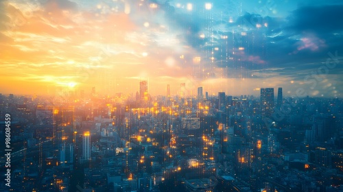 A futuristic cityscape illuminated by golden sunset light, enhanced by abstract digital overlays, symbolizing technology, urbanization, and connectivity.