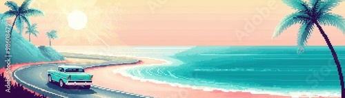 Pixelated Beach Scene with Car.