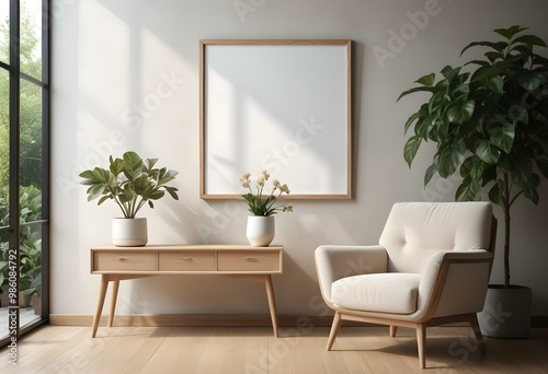 A modern living room with a large empty frame on the wall, a wooden console table, a beige armchair, and a potted plant.