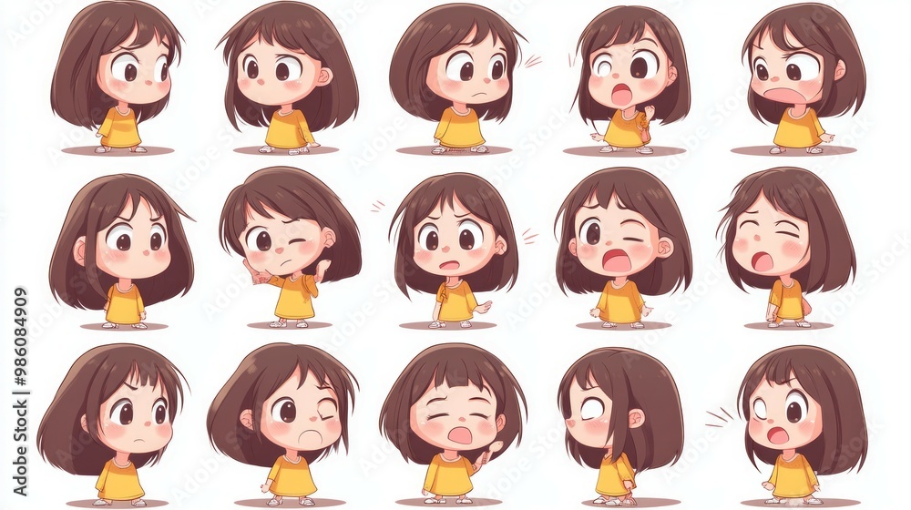 different angles and emotional expressions of a cute female character, perfect for chat stickers. The isolated white background different angles and emotional expressions of a cute female character, perfect for chat stickers. The isolated white background