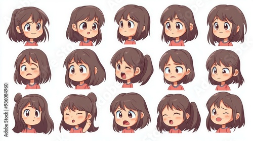 different angles and emotional expressions of a cute female character, perfect for chat stickers. The isolated white background