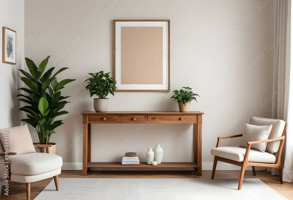 Fototapeta premium A modern living room with a large empty frame on the wall, a wooden console table, a beige armchair, and a potted plant.