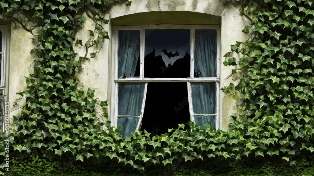 A mysterious window draped in ivy reveals a dark, eerie night with bats flying over a haunted castle under a full moon, creating a spooky atmosphere A mysterious window draped in ivy reveals a dark, eerie night with bats flying over a haunted castle under a full moon, creating a spooky atmosphere