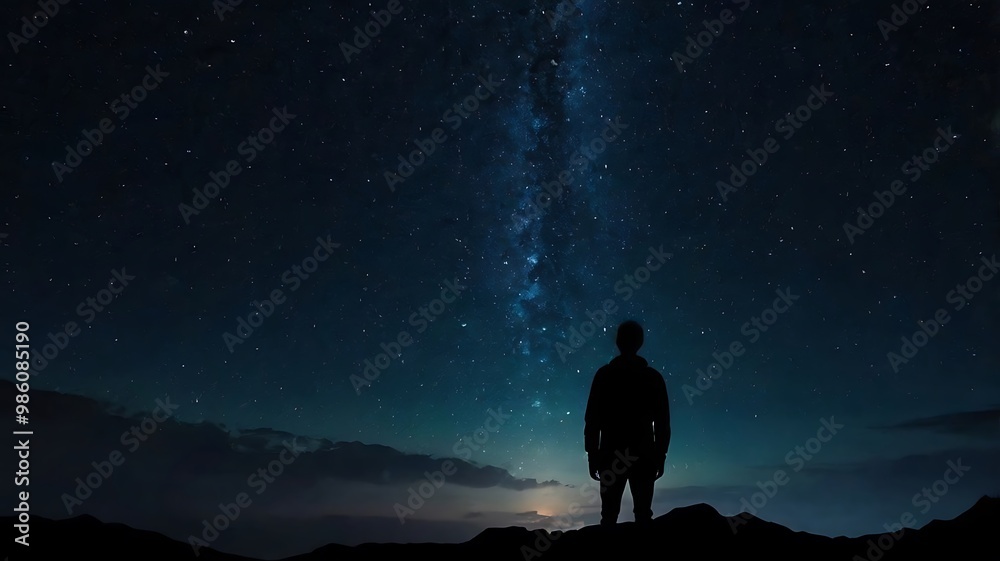 A starry night sky with a silhouette of a person gazin A starry night sky with a silhouette of a person gazin