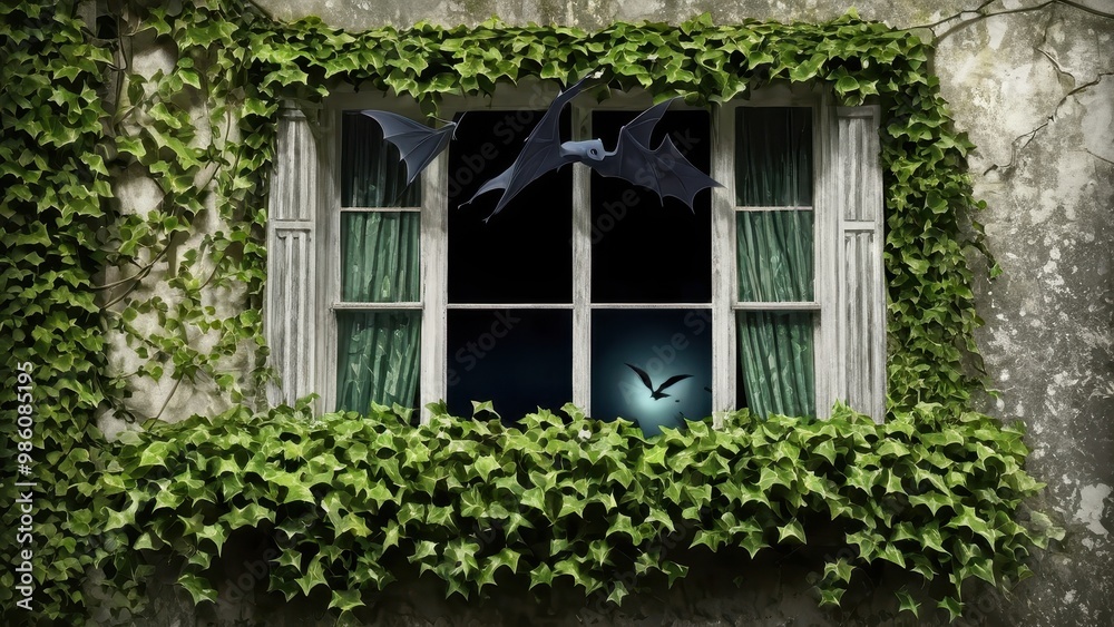 A mysterious window draped in ivy reveals a dark, eerie night with bats flying over a haunted castle under a full moon, creating a spooky atmosphere A mysterious window draped in ivy reveals a dark, eerie night with bats flying over a haunted castle under a full moon, creating a spooky atmosphere