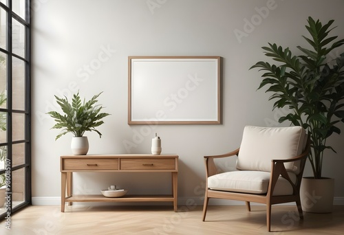 A modern living room with a large empty frame on the wall, a wooden console table, a beige armchair, and a potted plant.