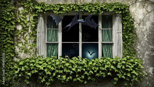 A mysterious window draped in ivy reveals a dark, eerie night with bats flying over a haunted castle under a full moon, creating a spooky atmosphere photo