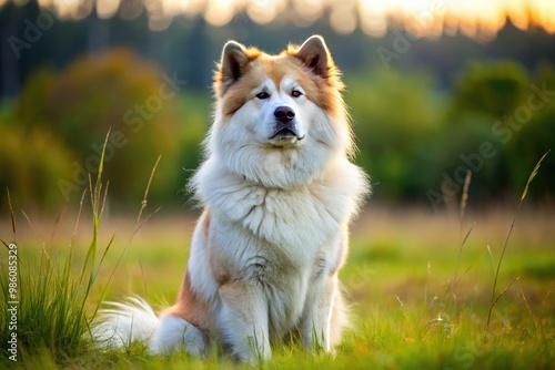 A white Ainu dog with brown markings gazes intently into the distance from a blanket of lush green grass, its tail held still. photo