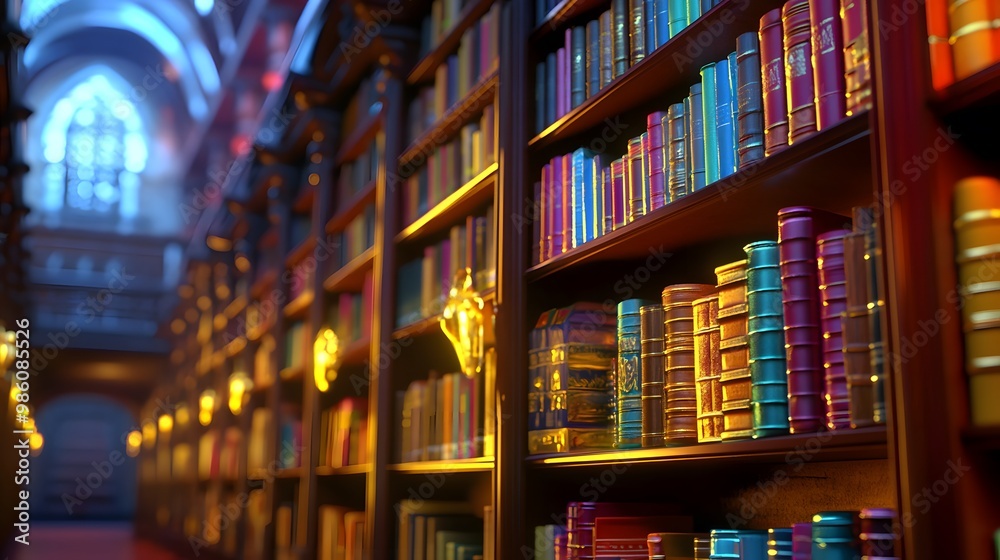 A wide view of rows and rows of books in the library, low-angle shot, depth of field, close-up, cinematic A wide view of rows and rows of books in the library, low-angle shot, depth of field, close-up, cinematic