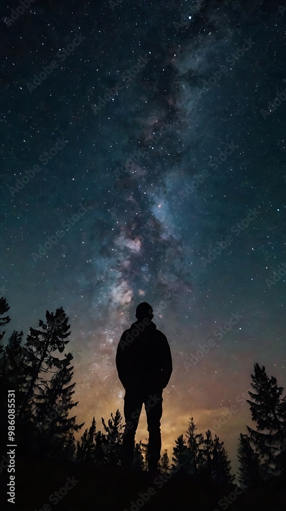Fototapeta premium A starry night sky with a silhouette of a person gazin