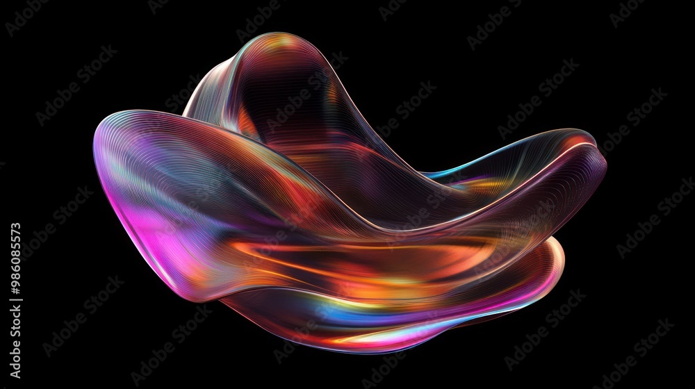 Fototapeta premium Abstract iridescent 3D shape with lines on black background.