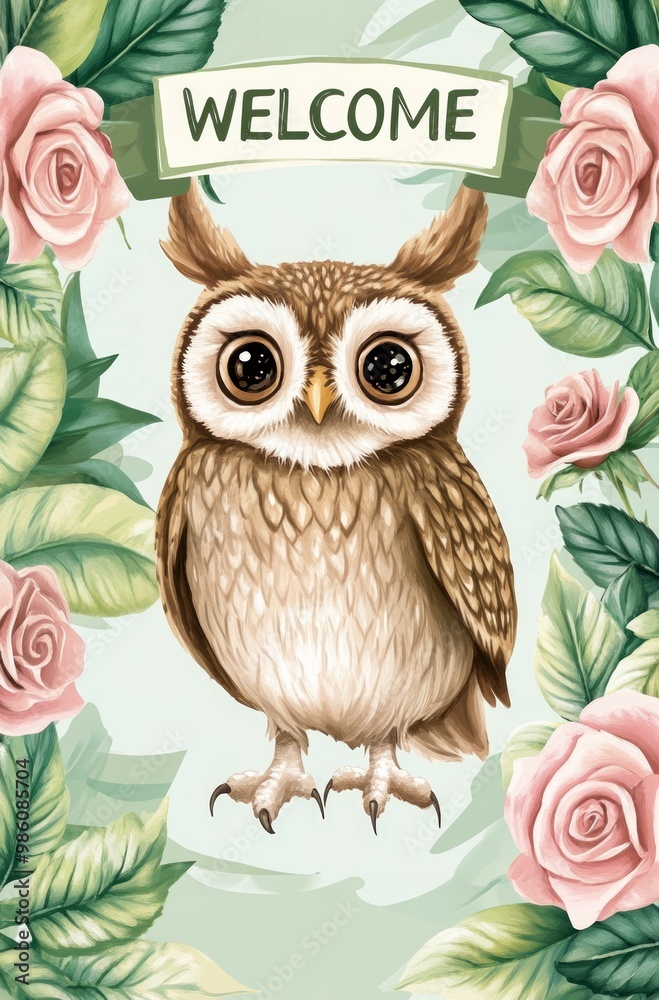 Obraz premium A cute owl standing in the garden, a big text that says 