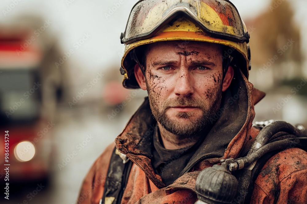 Brave Firefighter in Uniform Standing Proud and Weary, AI generated illustration