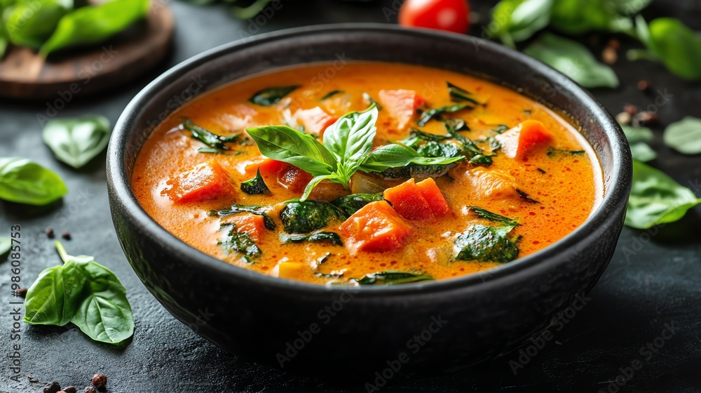 Close-up of a bowl of tomato soup with spinach and basil. Close-up of a bowl of tomato soup with spinach and basil.