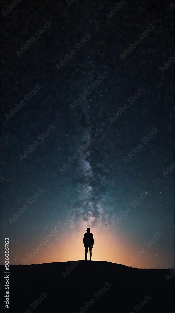Fototapeta premium A starry night sky with a silhouette of a person gazin