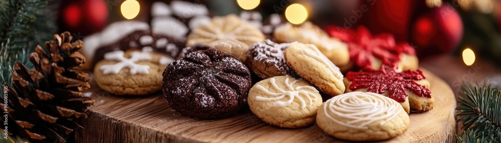 A festive assortment of delicious holiday cookies arranged on a wooden platter, perfect for celebrating winter gatherings. A festive assortment of delicious holiday cookies arranged on a wooden platter, perfect for celebrating winter gatherings.