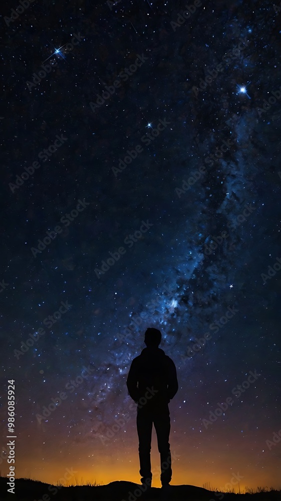 A starry night sky with a silhouette of a person gazin A starry night sky with a silhouette of a person gazin