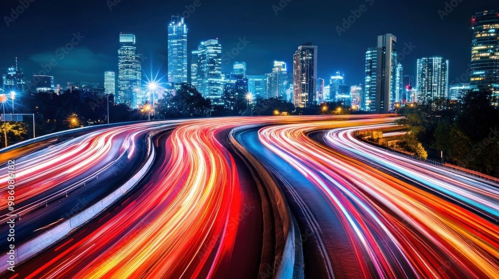 Fototapeta premium Cityscape at night with a highway and light trails from cars.
