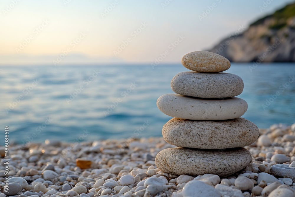 Stacked Stones on Beach with Sea in Background, AI generated illustration Stacked Stones on Beach with Sea in Background, AI generated illustration