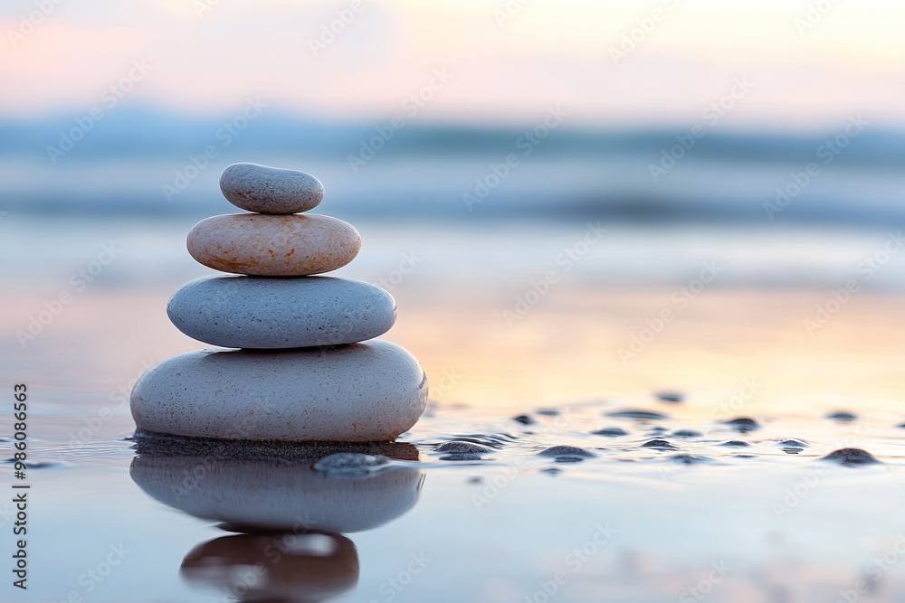 Stacked Stones on Beach with Sea in Background, AI generated illustration Stacked Stones on Beach with Sea in Background, AI generated illustration