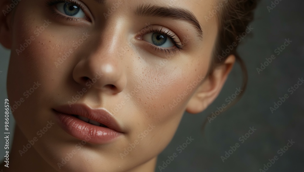 Woman’s beauty portrait emphasizing clean skin and makeup. Woman’s beauty portrait emphasizing clean skin and makeup.