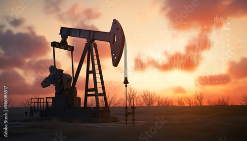 High-resolution image of an oil pump jack silhouetted against a dramatic sky, highlighting the urgent impact of the oil crisis on energy production and environmental concerns. photo