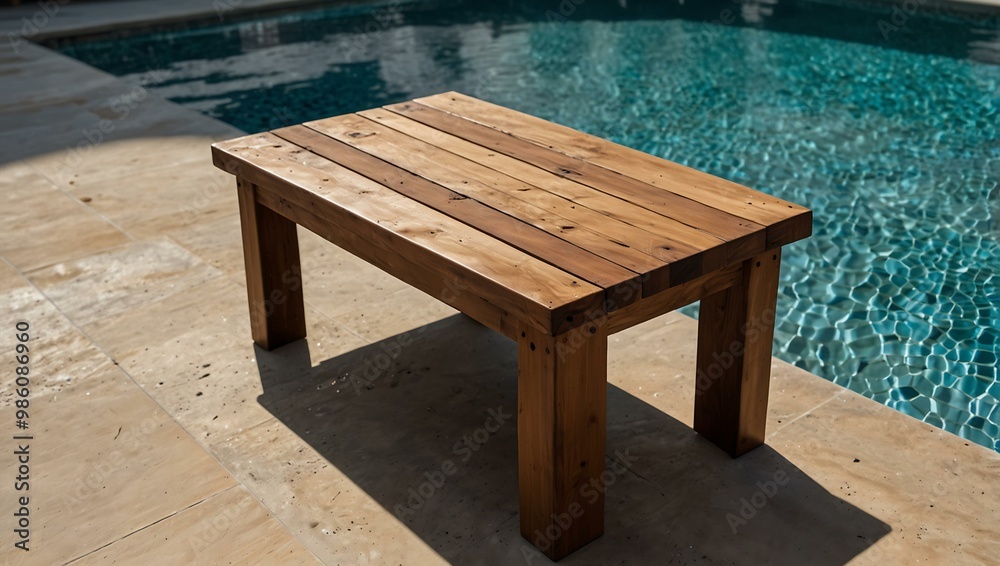 Wooden coffee table beside a swimming pool. Wooden coffee table beside a swimming pool.