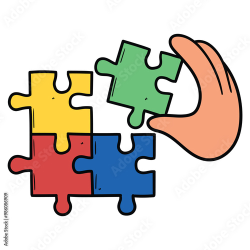 Hand drawn cartoon hand holding a puzzle piece, connects colored puzzles together on a white background. Strategy, idea, work.