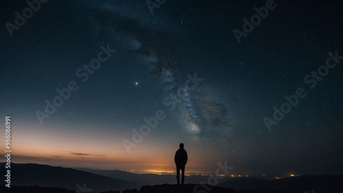 A starry night sky with a silhouette of a person gazin